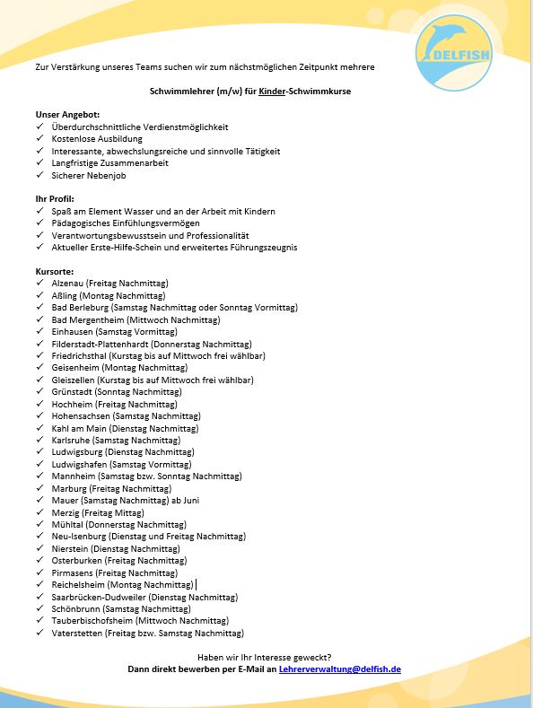 Jobs & Bewerbung – Schwimmschule DELFISH